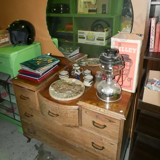 deco solid oak and rimu 5 drawer mirror back dresser H-1670 W-980 D-490