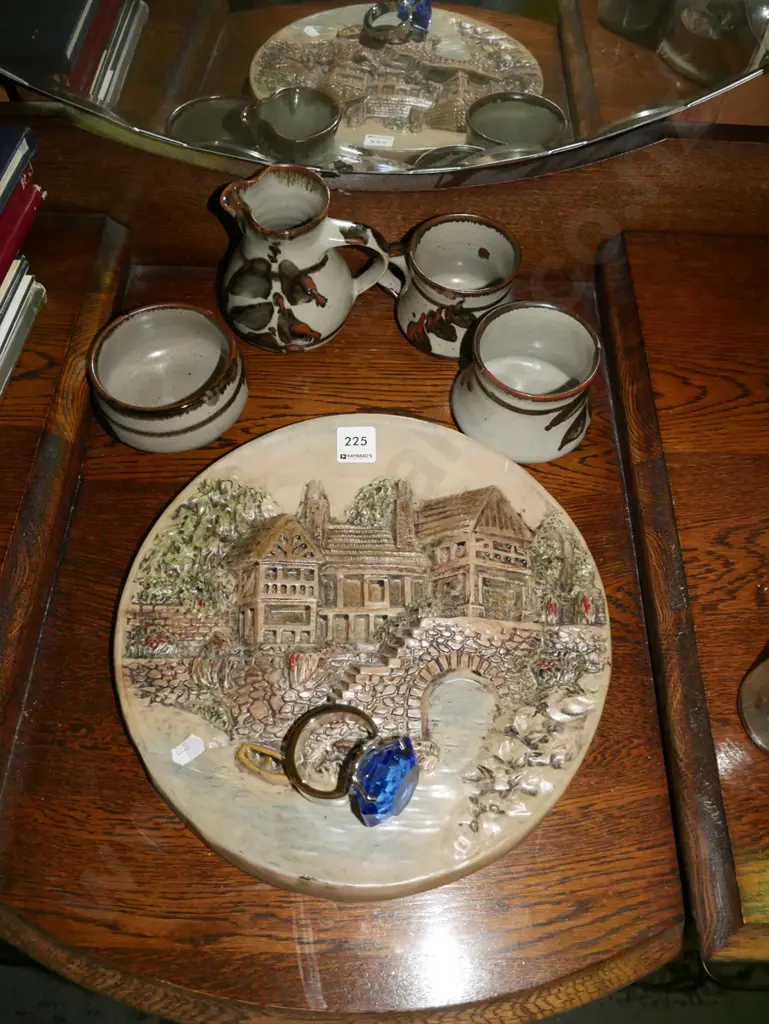 large chrome and blue glass napkin ring, pottery items, composite wall charger Image 1++