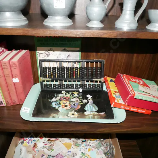 vintage tray, books, board games, abacus