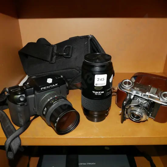Pentax SF 7 35mm camera with additional Tokina lens and vintage Vito leather cased camera