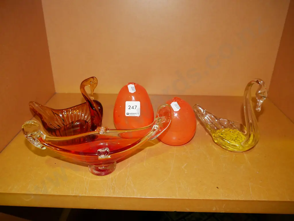 coloured glass ware, bud vases, swan dishes, ashtray Image 1++