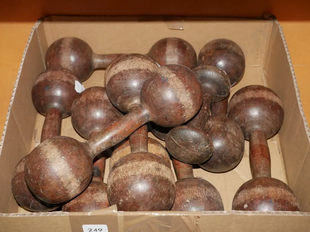 box of vintage wooden hand weights Image 1++