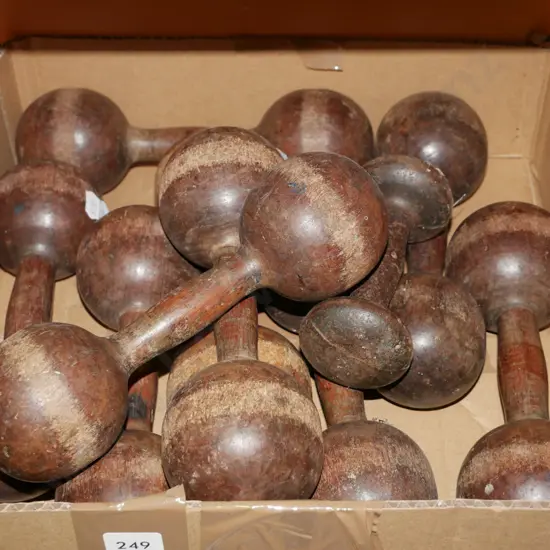 box of vintage wooden hand weights