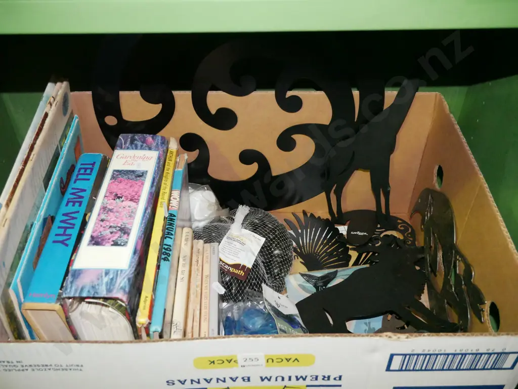 box; books, cut out metal art, decorative stones etc Image 1++