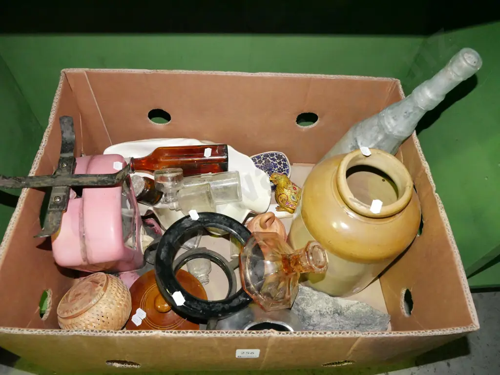 box; kitchen scales, bottles, crock etc Image 1++
