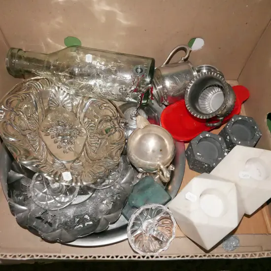box; glass bottles, plated basket, tea light etc