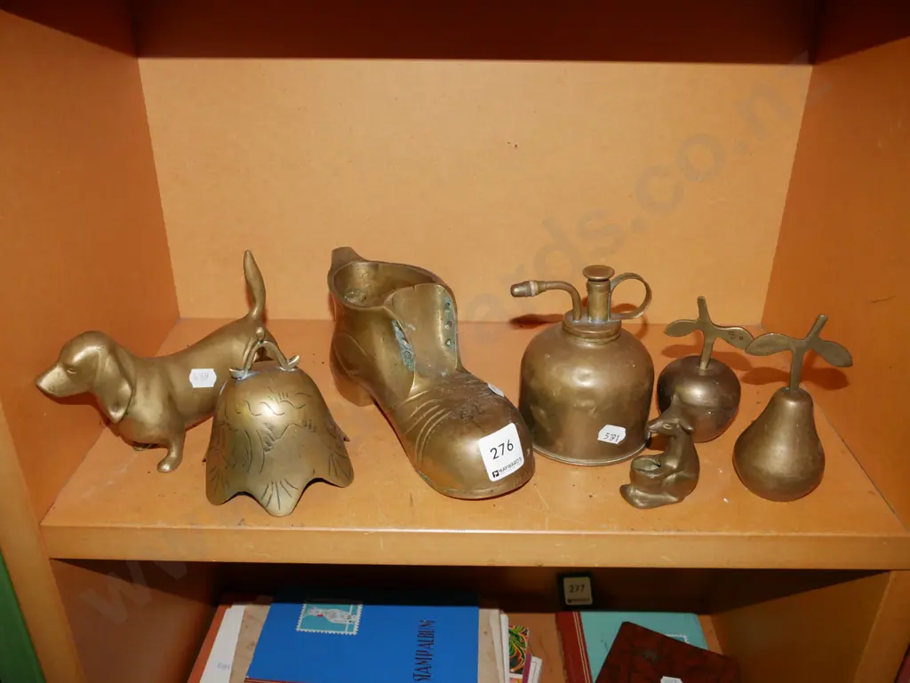 shelf; brass boot,bells, atomiser etc Image 1++