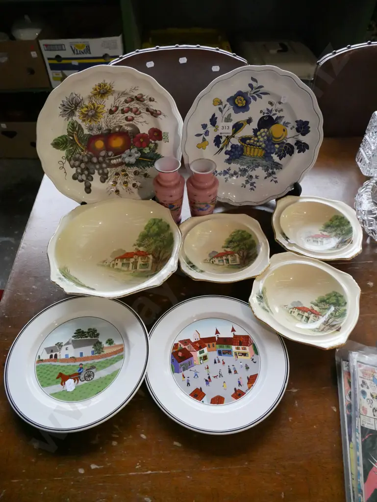 Villeroy and Boch plates, Spode plates, part sweet set, 2x hand painted pink vases Image 1++