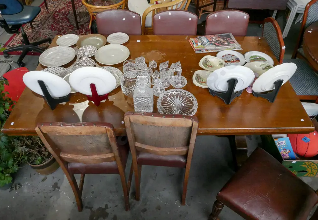 solid oak refectory dining table with 6 brown vinyl chairs - rips to chairs, marks to table Image 1++