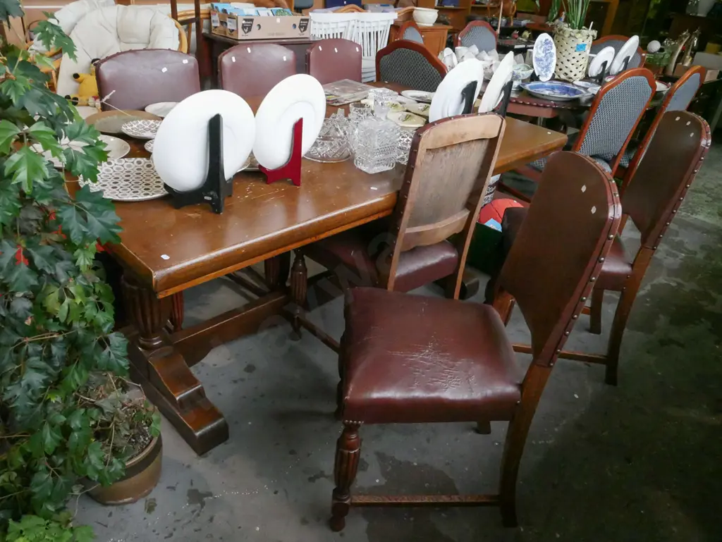 solid oak refectory dining table with 6 brown vinyl chairs - rips to chairs, marks to table Image 1++
