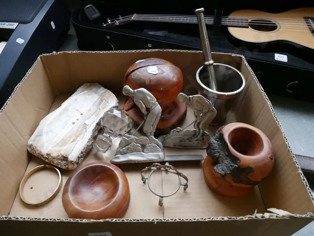 box; turned wooden vase, bowl, metal mortar and pestle, 2 golfing figurine bookends, etc. Image 1++