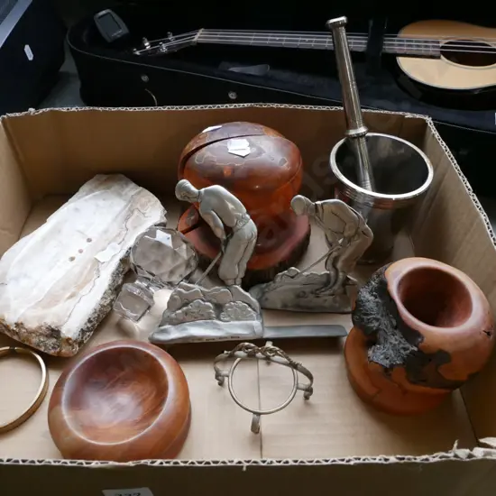box; turned wooden vase, bowl, metal mortar and pestle, 2 golfing figurine bookends, etc.