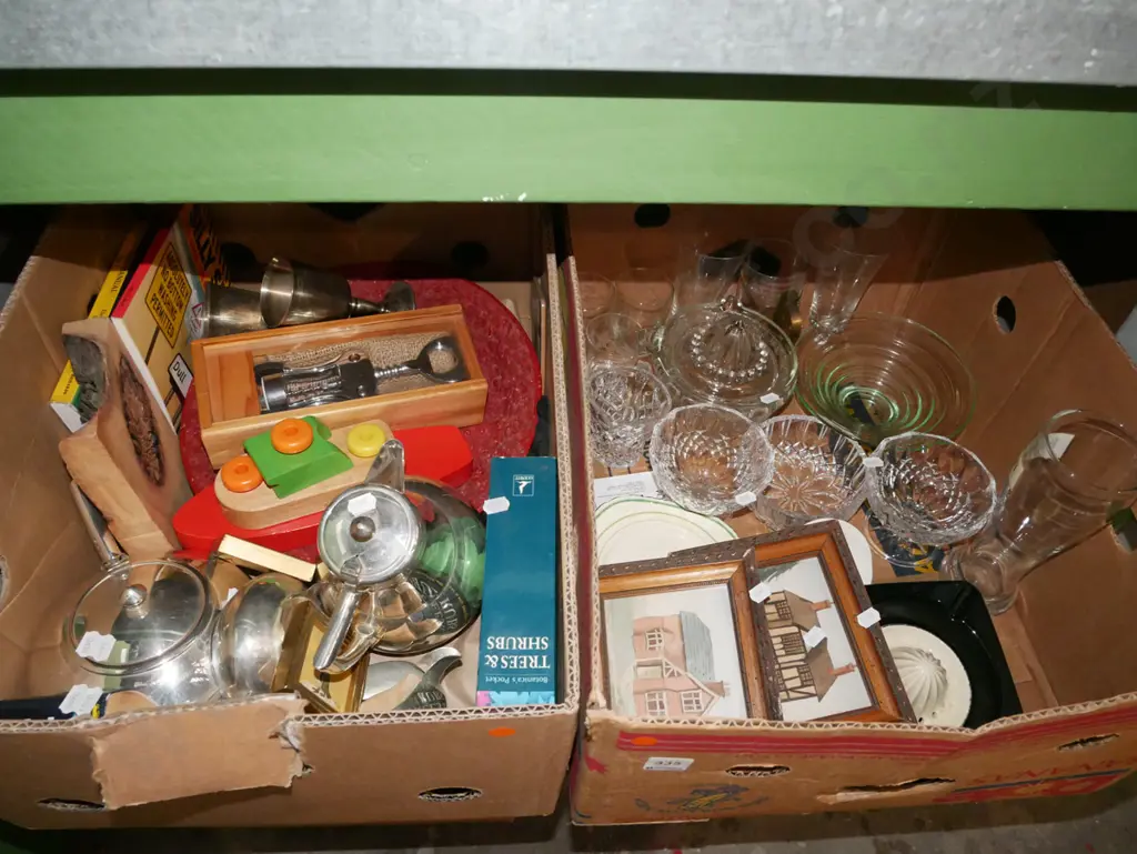 2x boxes; plated tea pots, wooden childs boats, books, lemon squeezers, bowls etc - orange dots Image 1++