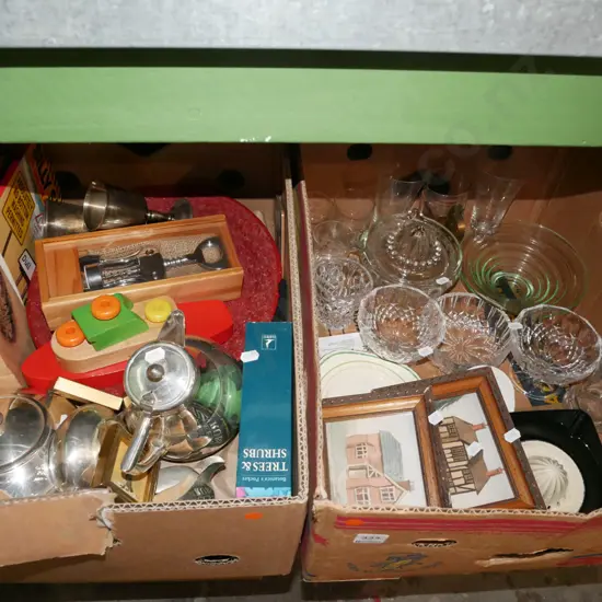 2x boxes; plated tea pots, wooden childs boats, books, lemon squeezers, bowls etc - orange dots