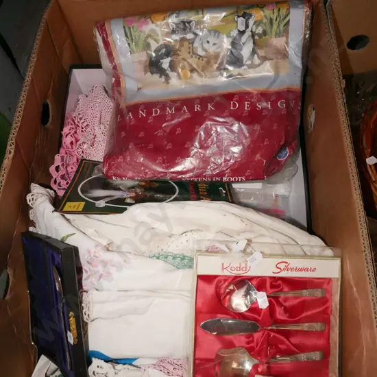 box; cutlery, table linen, tapestry sets etc