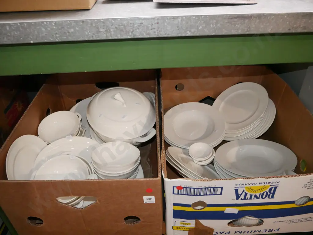 2x boxes; white dinner items, plates, bowls, lidded veges etc Image 1++