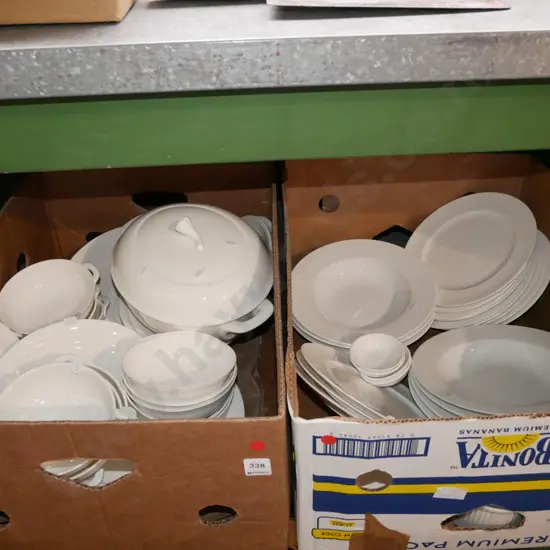 2x boxes; white dinner items, plates, bowls, lidded veges etc