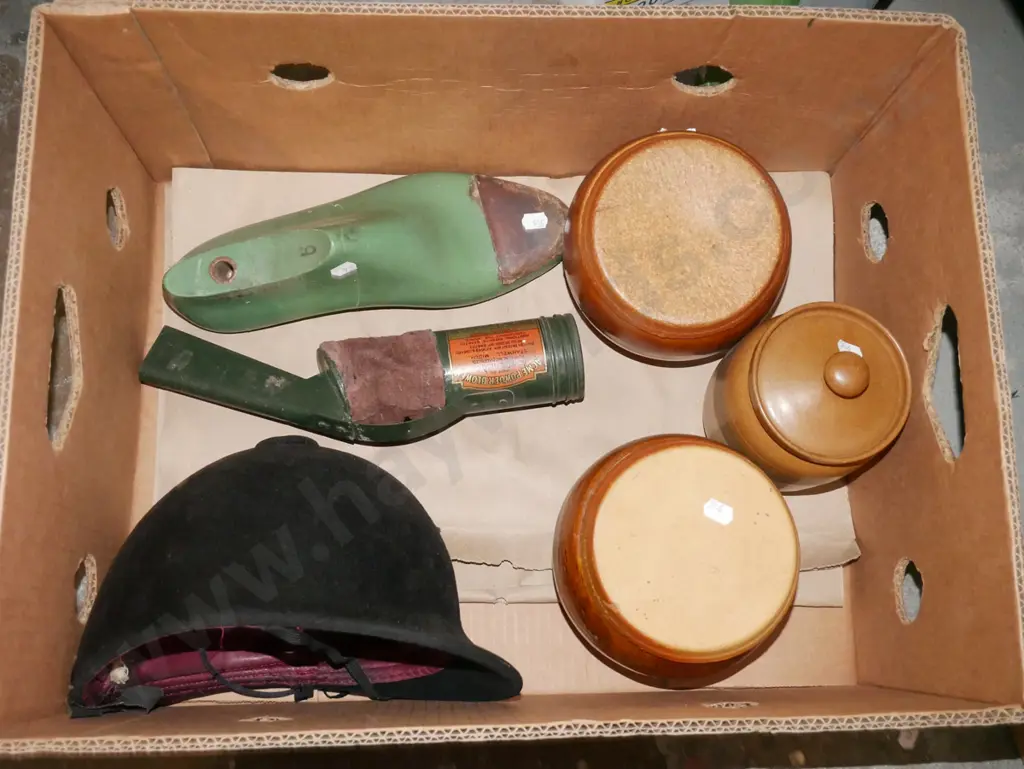 box; equestrian helmet, lidded canisters, shoe form etc Image 1++