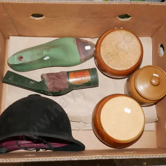box; equestrian helmet, lidded canisters, shoe form etc