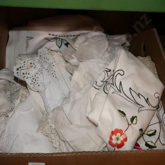 box; needlework, hand worked linen, tablecloths, doillies etc