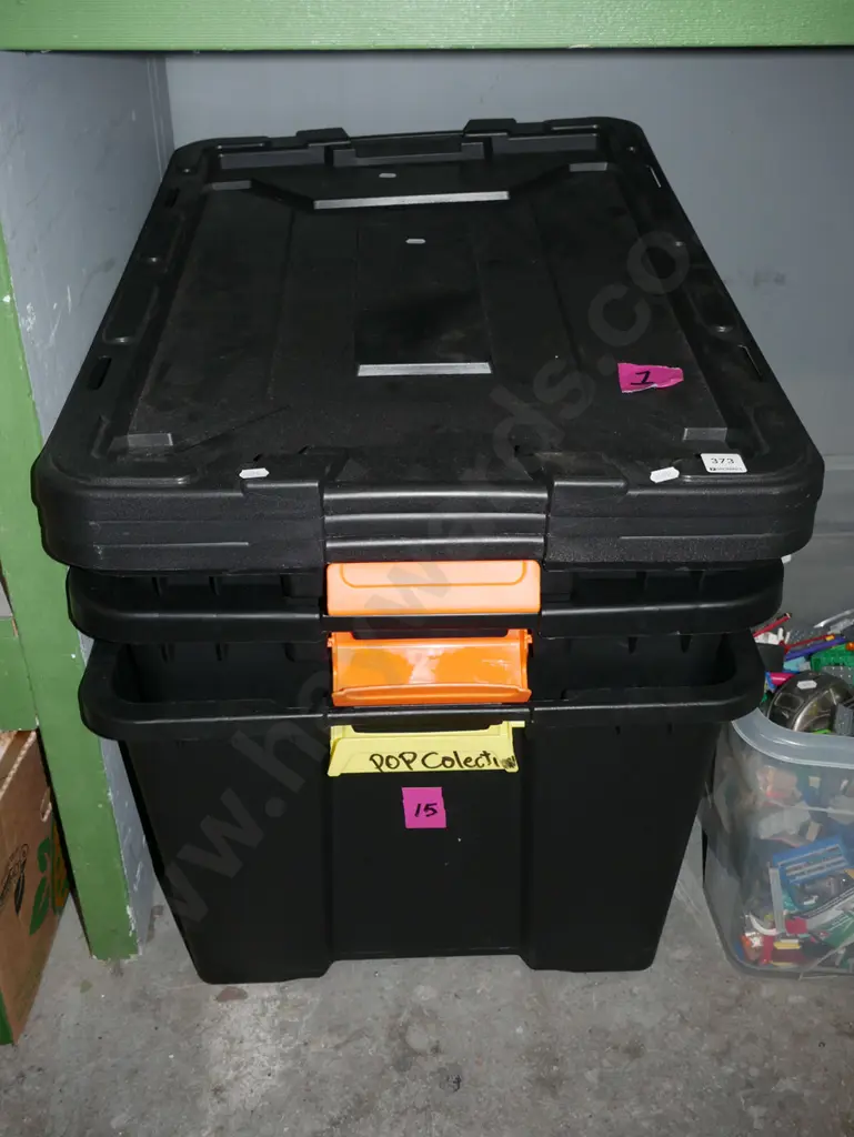 3x lidded heavy duty black plastic storage containers Image 1++