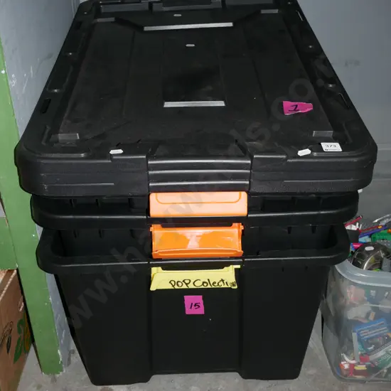 3x lidded heavy duty black plastic storage containers