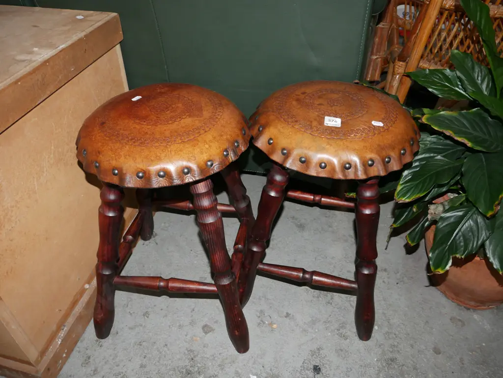 pair of tooled leather top pine stools Image 1++
