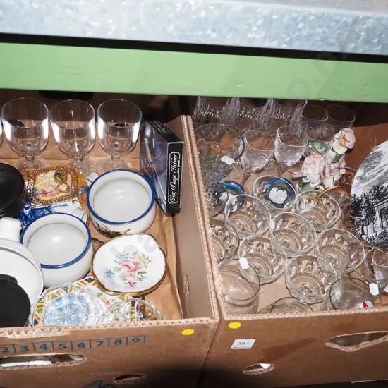 2x boxes; glass ware, figurines, cutlery, soup bowls etc