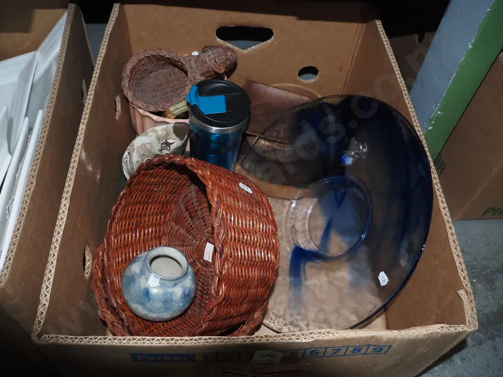 box; cane basket, blue glass fruit bowl, coasters etc Image 1++