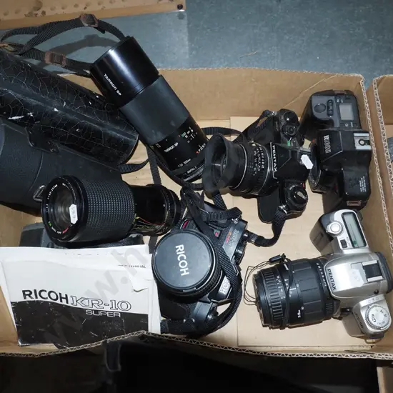 box; 35mm cameras, lenses - unknown condition