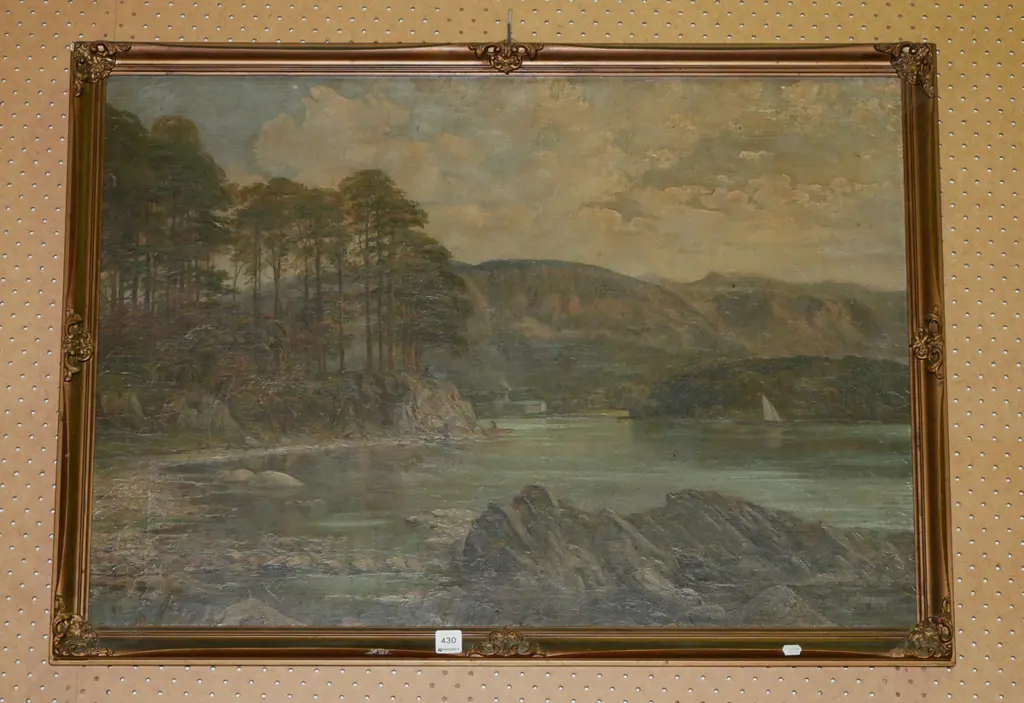 colonial oil on board - lake scene Image 1++