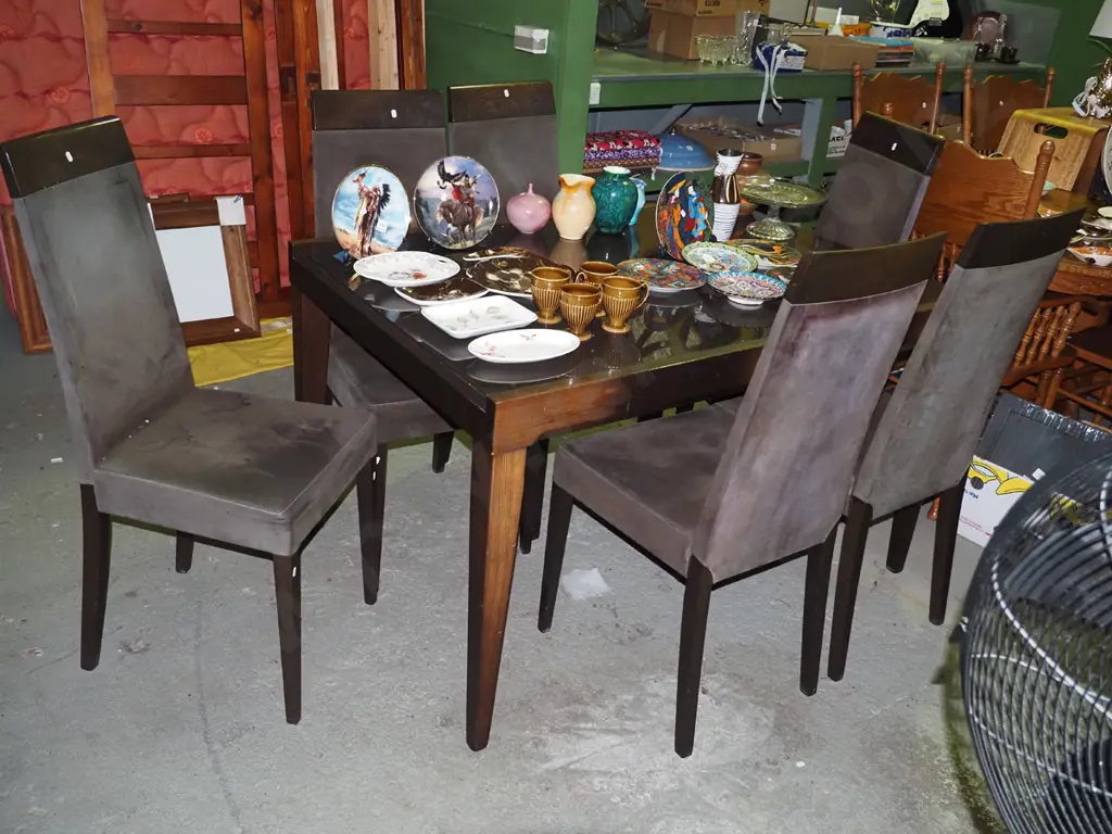 solid wood and black glass dining table and 6 matching suedette high back chairs Image 1++