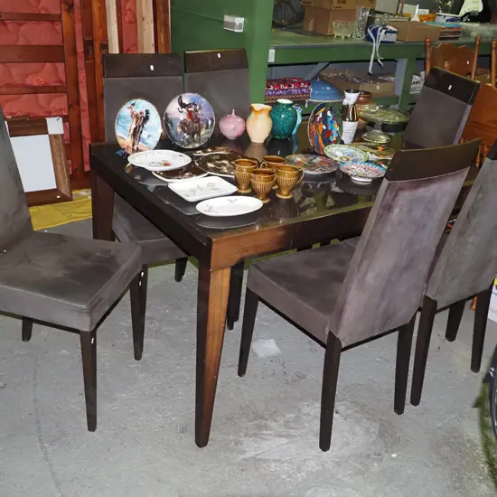 solid wood and black glass dining table and 6 matching suedette high back chairs