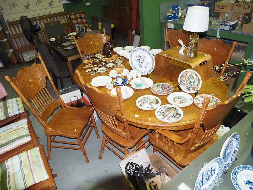 pedestal oak extending dining table with 6 pressed wood, spindle back chairs H-770 W-1800 D-1200 Image 1++