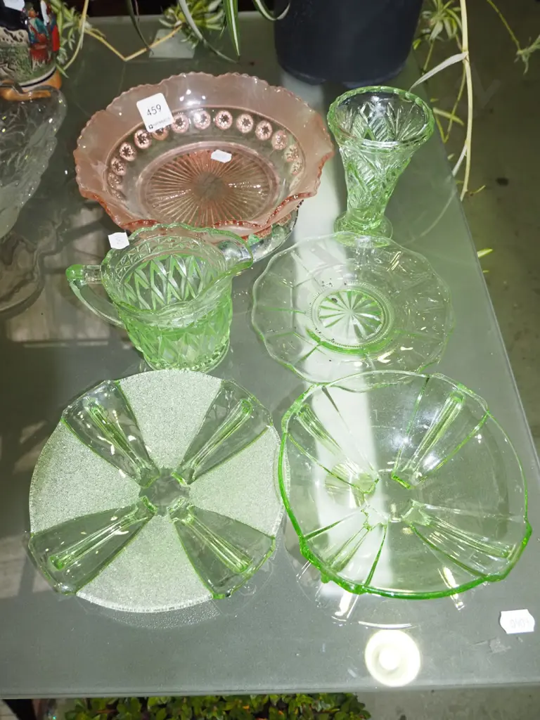 pink footed glass bowl, green glass vase, jug, bowl etc Image 1++