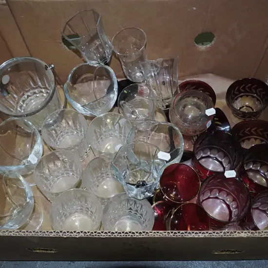 box; cut ruby glass glasses, ice bucket etc