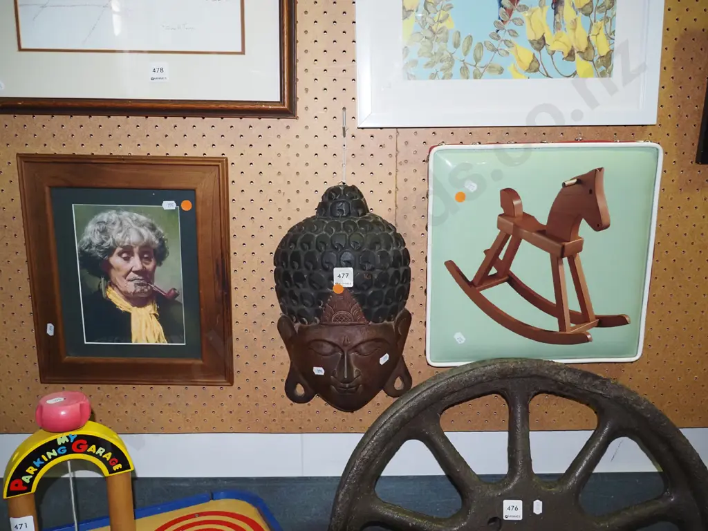 framed Goldie print, wooden mask, print on vinyl - rocking horse - orange dots Image 1++