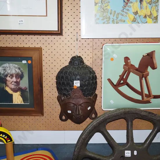 framed Goldie print, wooden mask, print on vinyl - rocking horse - orange dots