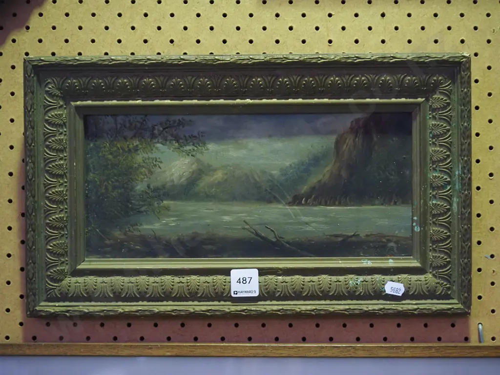 gilt framed colonial oil - lake and mountain scene Image 1++