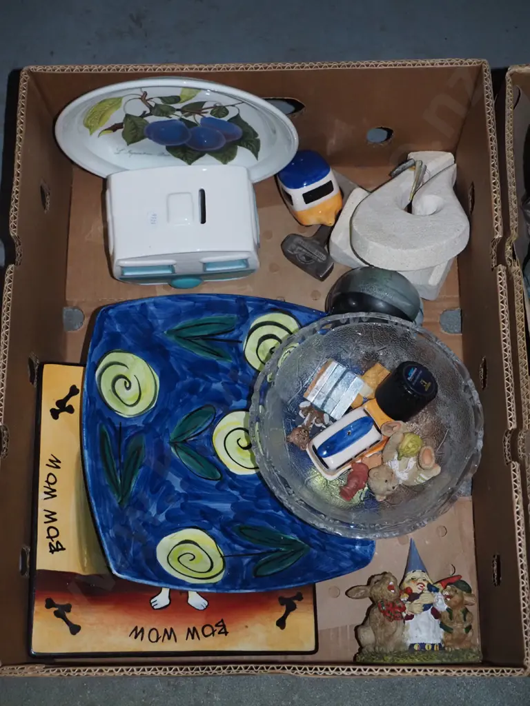 box; pottery plates, glass bowls, ceramic caravan money box etc Image 1++
