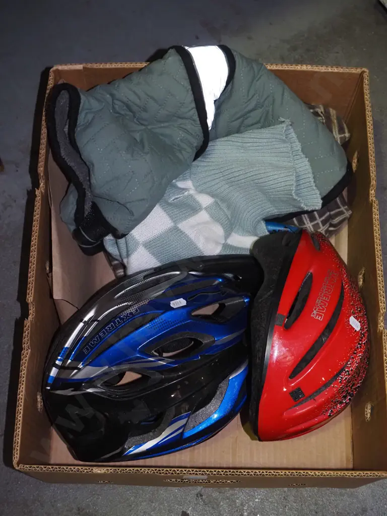 box; dog jackets, jersey, 2x bike helmets Image 1++