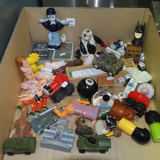 box; playing cards, dice, pick up sticks, miniature dolls etc