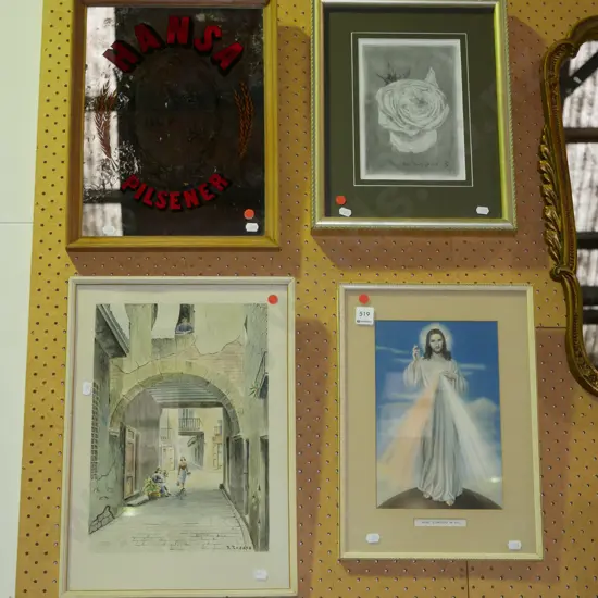 advertising mirror, rose pencil, watercolour, religious print - red dots