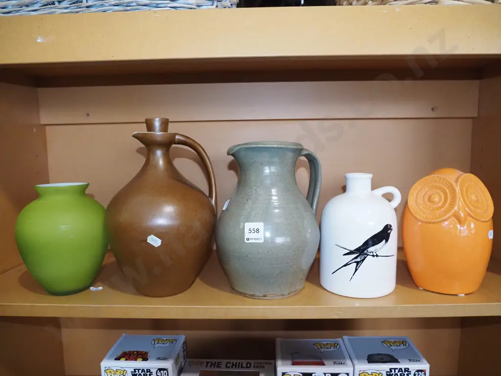 ceramic owl ornament, jugs, green glass vase Image 1++