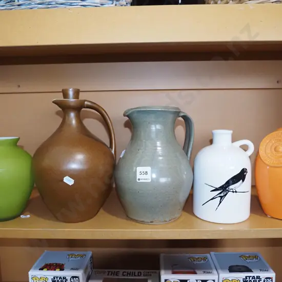 ceramic owl ornament, jugs, green glass vase