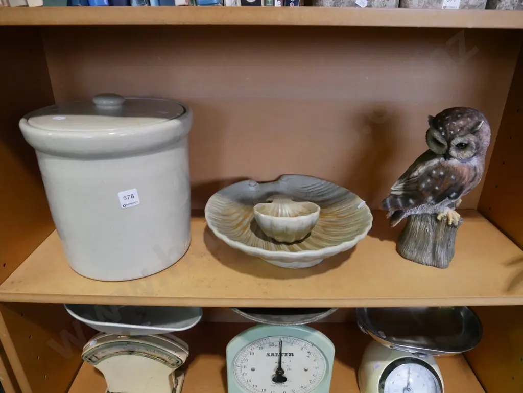 lidded wide crock, repairs to lid, shell bowls (chip), owl figurine Image 1++