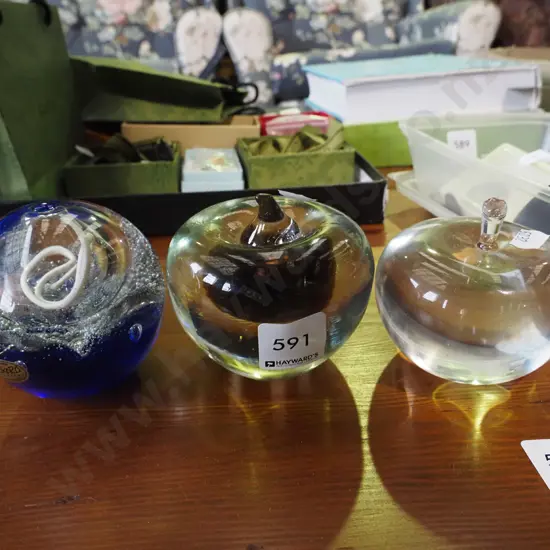 3x studio glass paperweights