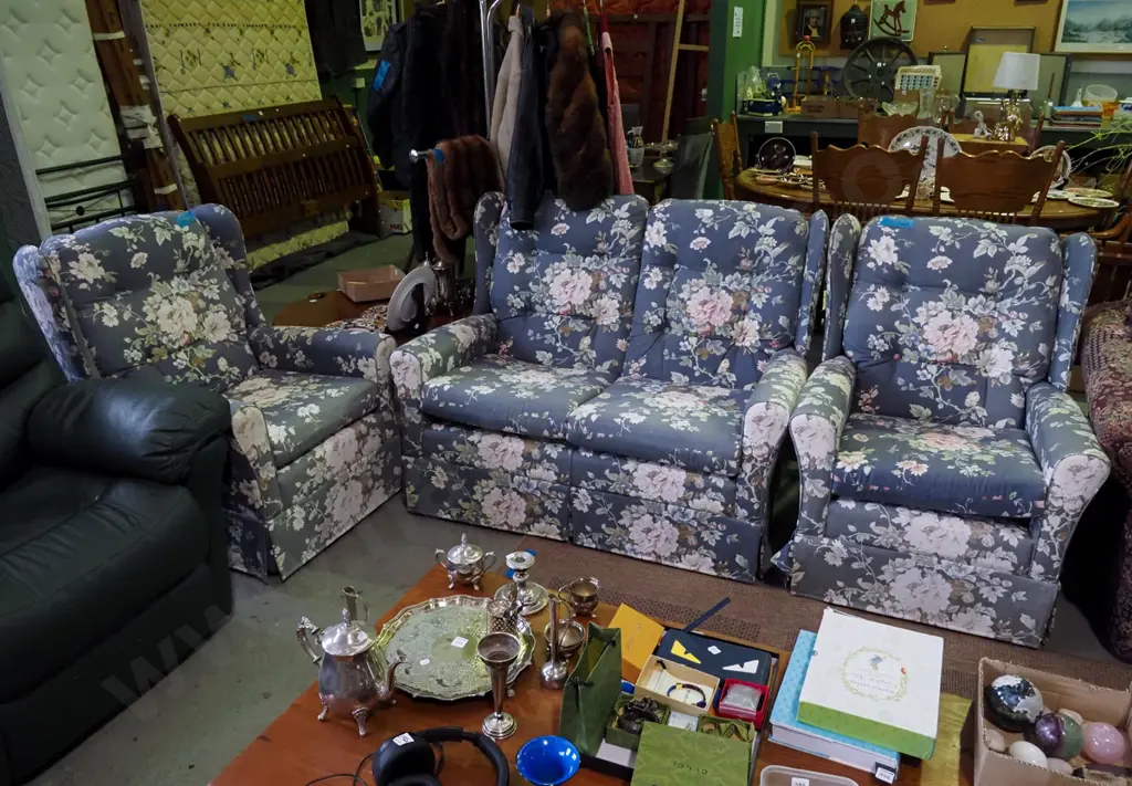 wingback deep button Sanderson upholstered 3 piece lounge suite - 2 seater, 2 singles - some fading Image 1++