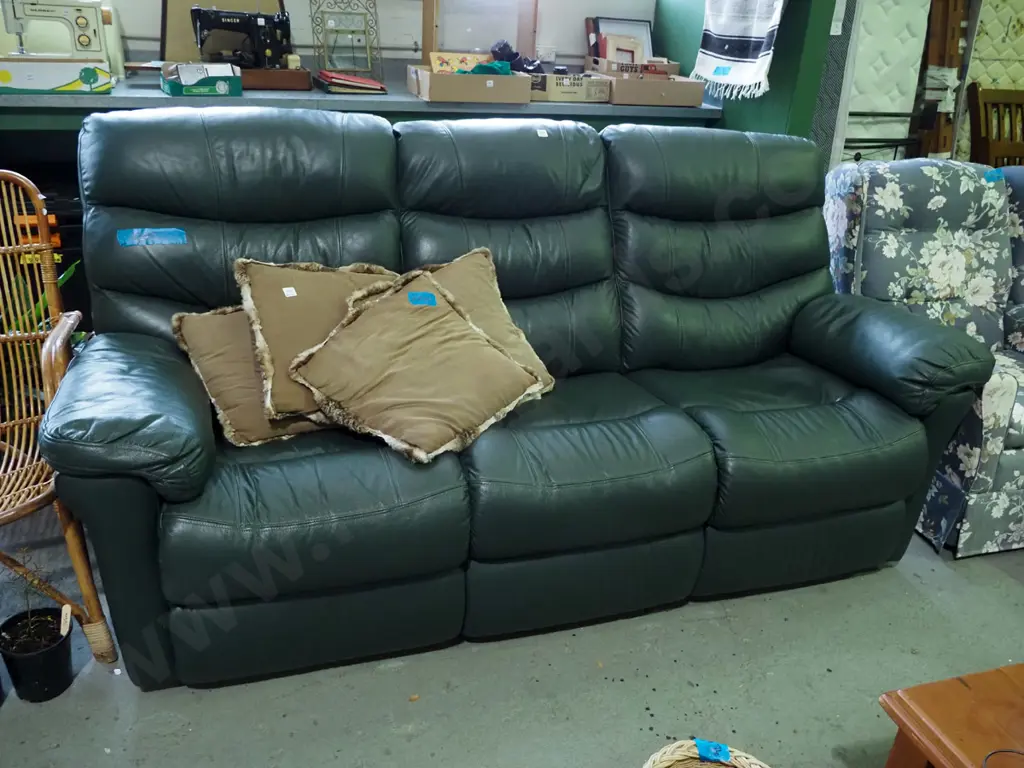 green leather 3 seater sofa with reclining end seats Image 1++