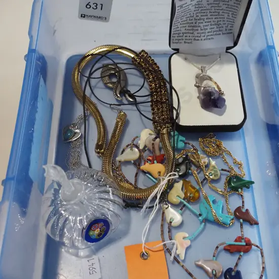 plastic tub of costume jewellery, scent bottle